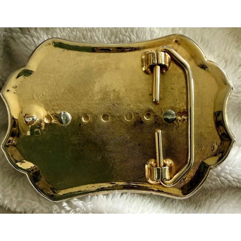 Belt BUCKLE Polished Agate Stone Western Gold Blue Scroll Brass 1970’s Vintage